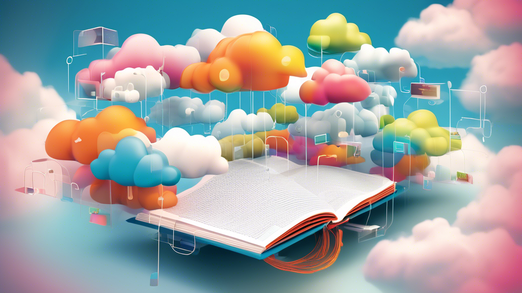 An illustrated digital book floating among clouds representing a guide to leveraging cloud technology, with novice users and devices accessing it from below.