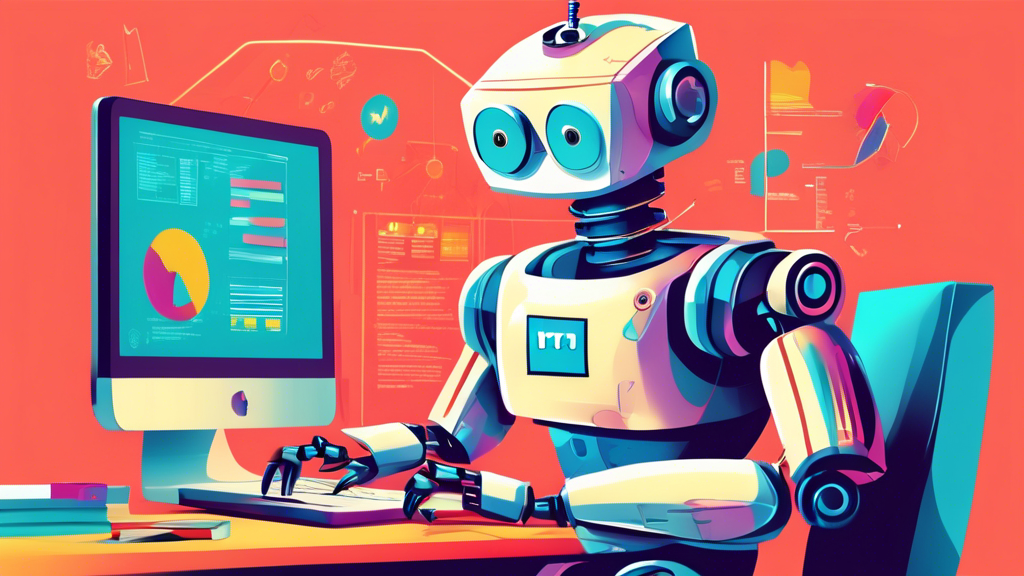 An enthusiastic robot sitting at a computer, coding and running automated website tests, with a beginner's guide book and digital graphs showing success rates in the background, all illustrated in a friendly and colorful style.