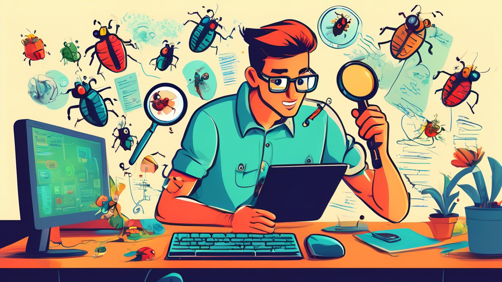 An illustrated guide featuring a web developer looking through a magnifying glass at a group of animated, cartoonish bugs crawling around a computer screen, with digital tools and tracking notes in the background.