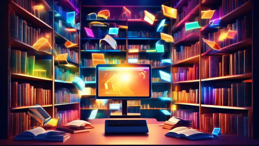 An artistically rendered image of a bustling digital library with animated books flying into well-structured shelves, symbolizing a seamless content strategy, with a background of glowing computer screens displaying various websites.