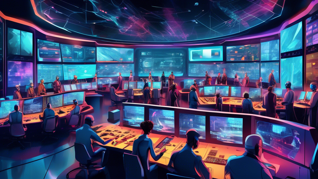 A digital painting of a futuristic, high-tech control room bustling with activity, where a team of professionals uses advanced event management software to orchestrate a seamless mega-event displayed on giant screens.