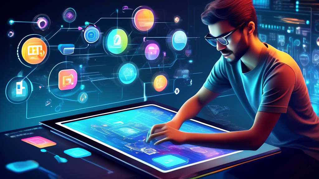 Digital artists designing a sleek mobile interface on a futuristic, high-tech touchscreen workspace, surrounded by floating icons symbolizing optimization, speed, and user-friendliness, with a satisfied user interacting seamlessly with the advanced mobile technology in a modern digital environment.