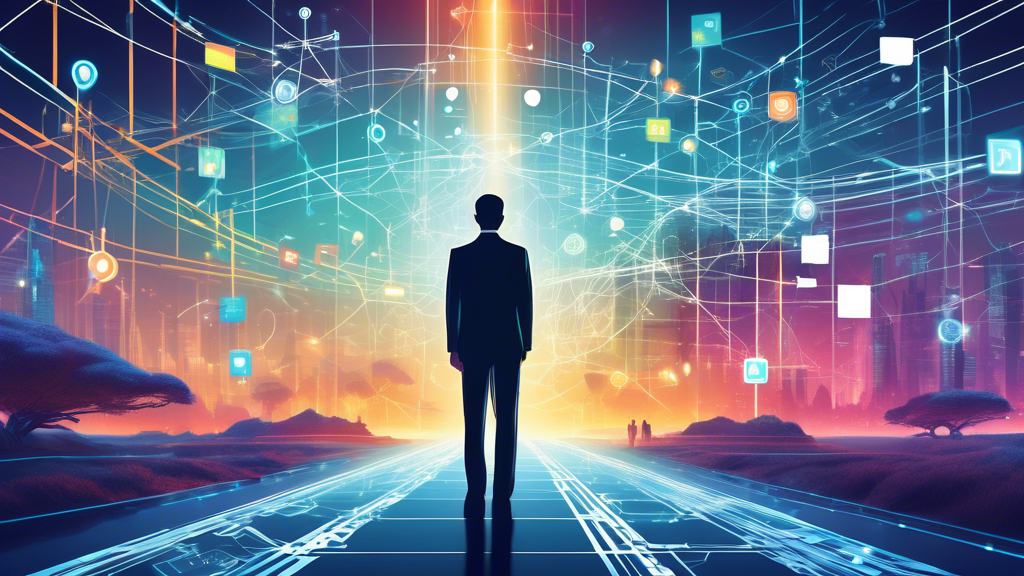 An illustrated book cover featuring a young professional standing at the crossroads of a digital landscape, with pathways leading to symbols of technology, innovation, and consulting, under a sky illuminated by connective networks and glowing code.