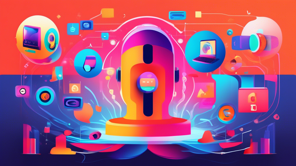 An illustration of a person speaking into a smart speaker with colorful sound waves emanating from it, surrounded by icons representing different search queries, in a futuristic, digital library setting.