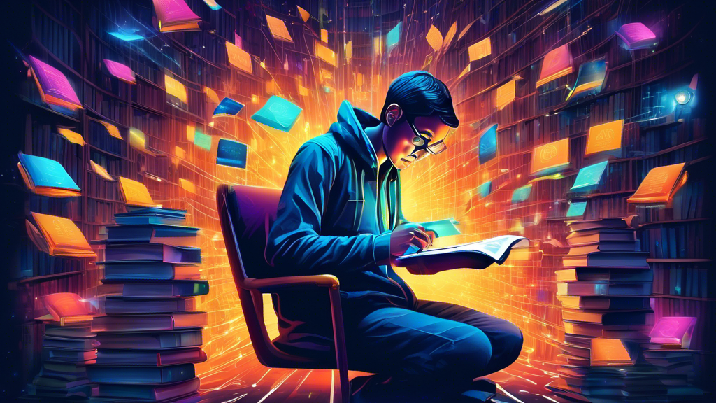 Create a surreal illustration of a human aspiring web developer in a vast library of glowing books, each representing different coding languages and web technologies, confidently navigating through with a compass and a flashlight that beams streams of code, symbolizing the journey and preparation for mastering web developer interviews.