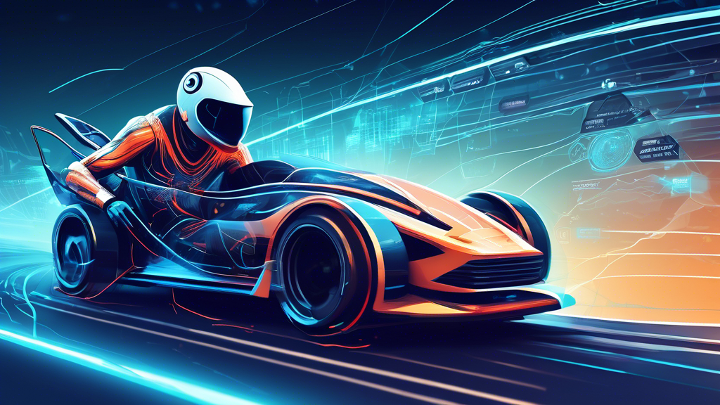 An illustrated digital guidebook cover showing a futuristic web developer using advanced tools to speed up a website represented as a race car on the information superhighway, with performance metrics flying around as speed lines, encapsulating the essence of mastering web performance optimization.