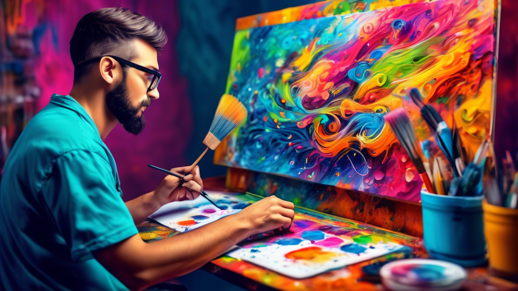 An artist painting a vibrant, detailed website design on a canvas, with digital elements such as code, text, images, and videos blending seamlessly into the traditional art, symbolizing the fusion of creativity and technology in content-rich websites.