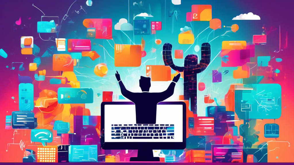 A vibrant digital art scene depicting a web developer standing on top of a giant computer keyboard, high-fiving a massive hand coming out of a Pay-Per-Click (PPC) ad banner floating in the sky, against a backdrop of increasing revenue graphs and bustling internet traffic icons.