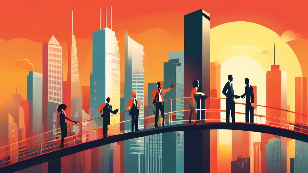 An illustration of diverse professionals connecting and building bridges between skyscrapers representing different industries, with a rising sun symbolizing career growth in the background.