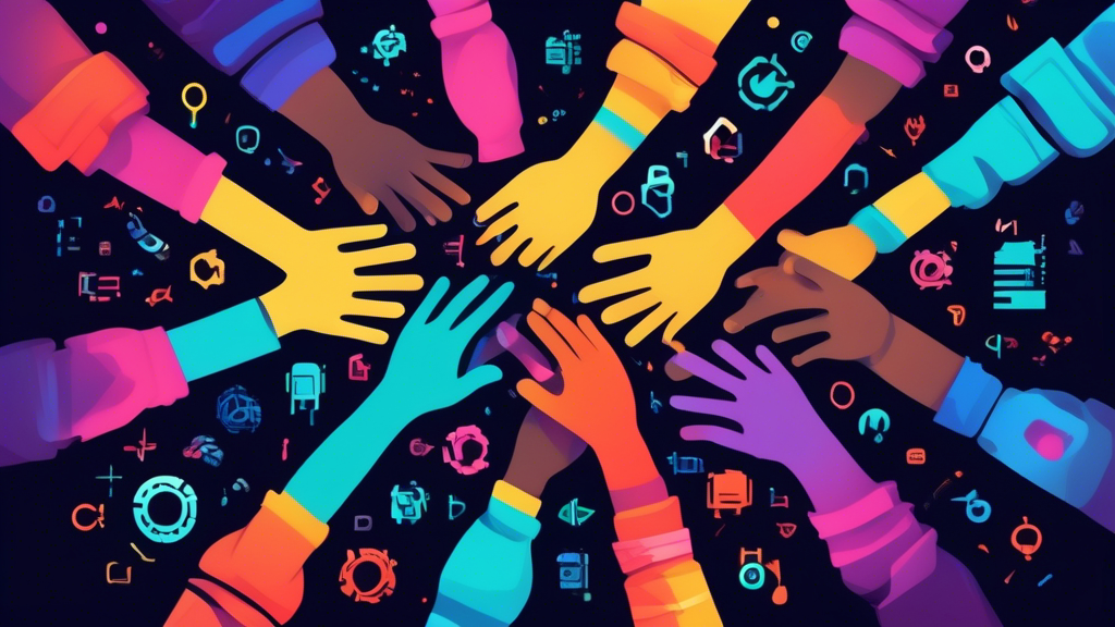 An illustration of diverse hands collaborating on a colorful, digital code canvas, with the GitHub logo shining brightly above, symbolizing unity and innovation in open-source development.