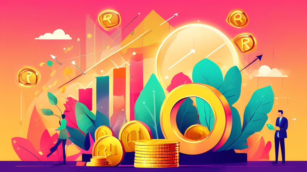 An illustrative digital landscape showcasing a thriving online business platform with golden coins and upward trending arrows symbolizing growth, all under a magnifying glass focusing on the term 'ROI'.