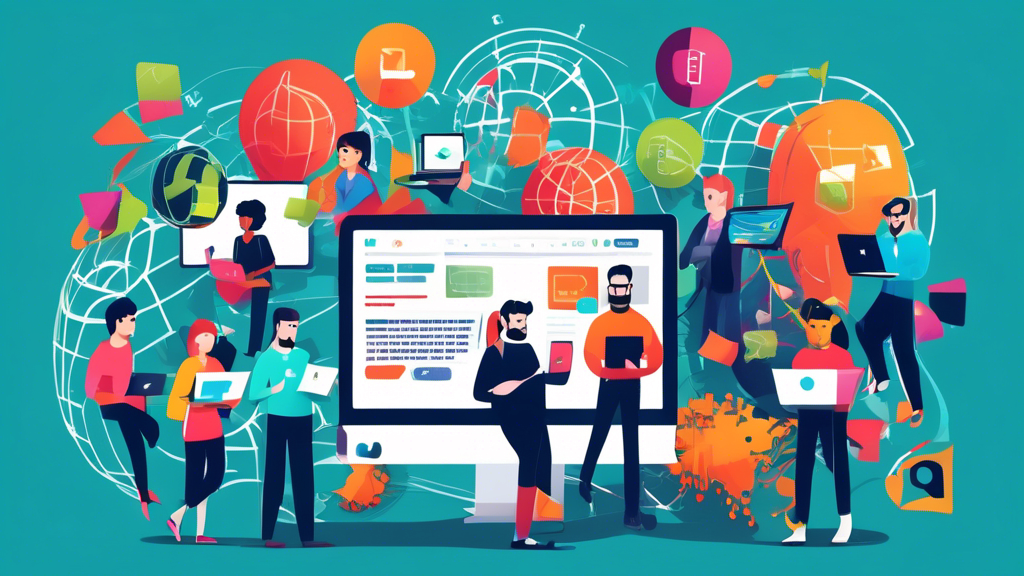 An illustration of a diverse team of web developers working together on a global digital network, with various web development icons floating around them, symbolizing the comprehensive guide to outsourcing web development.