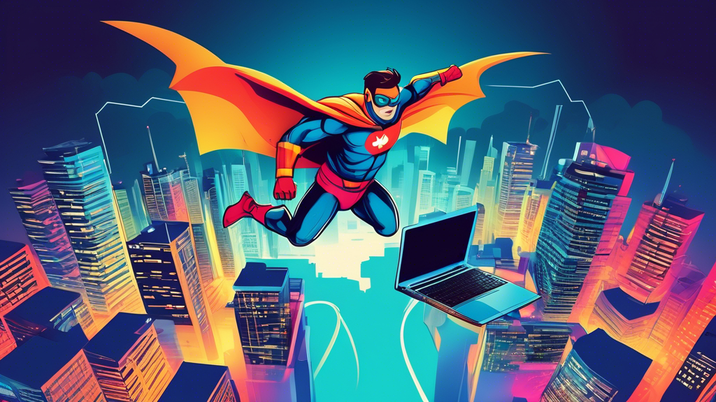 An image of a superhero programmer flying over a city, using a laptop to build digital bridges over obstacles and challenges, symbolizing overcoming web development challenges.