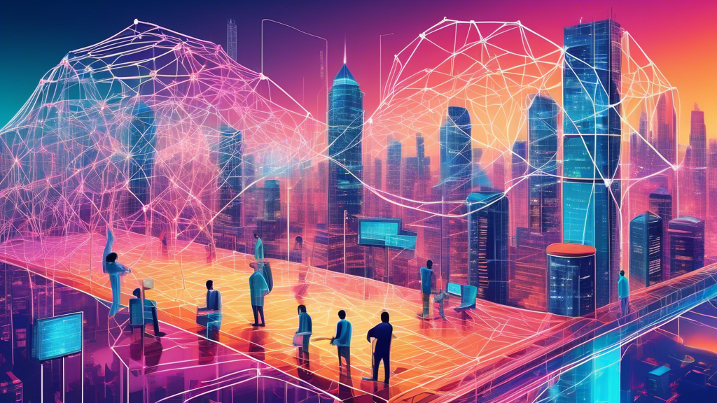 An imaginative illustration of tiny digital workers collaboratively constructing a gigantic, stable, and highly intricate web structure symbolizing internet infrastructure, with futuristic cityscapes in the background representing web scalability solutions.