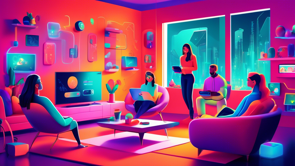 An ultra-modern living room filled with interconnected smart devices and gadgets seamlessly integrated, with a family enjoying the convenience and simplicity of their digital life, illustrated in a vibrant, futuristic style.