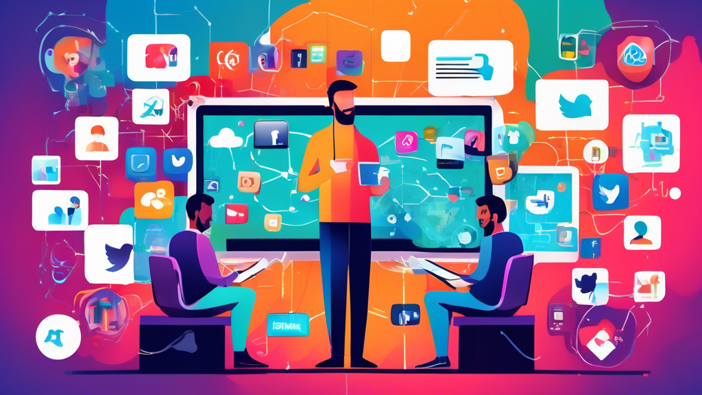 An illustrated digital workspace featuring a web developer surrounded by multiple screens displaying various social media platforms, with tools and strategies floating around as icons and diagrams.