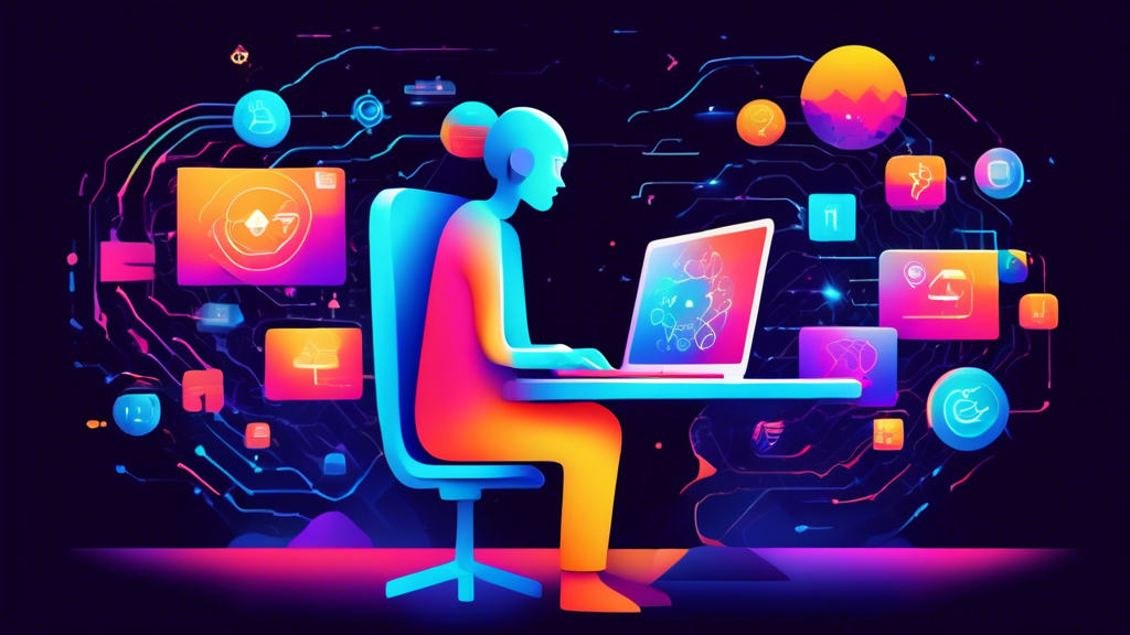 Create an image of a person sitting in front of a laptop with futuristic digital icons (like coding symbols, websites, and apps) emerging from the screen, symbolizing a path leading into a vibrant, digital landscape under a sky filled with code and web design elements, embodying the theme of starting a journey in freelance web development.