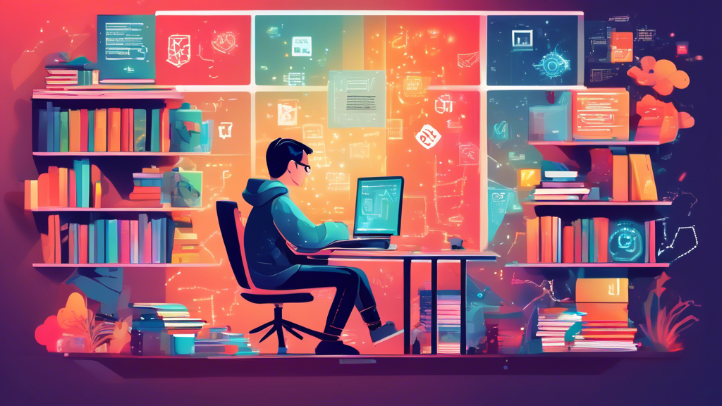 An illustration of a young person sitting at a desk in a cozy, well-lit room, looking at a computer screen displaying code, with books on web development scattered around, and digital icons representing HTML, CSS, and JavaScript floating in the air, symbolizing the beginning of a journey in web development.