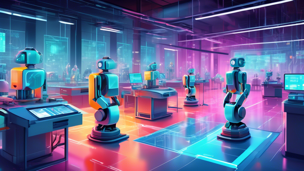 An ultra-modern factory floor with autonomous robots efficiently performing tasks, overseen by a holographic control panel displaying real-time automation analytics, all under the theme of futuristic business process automation.