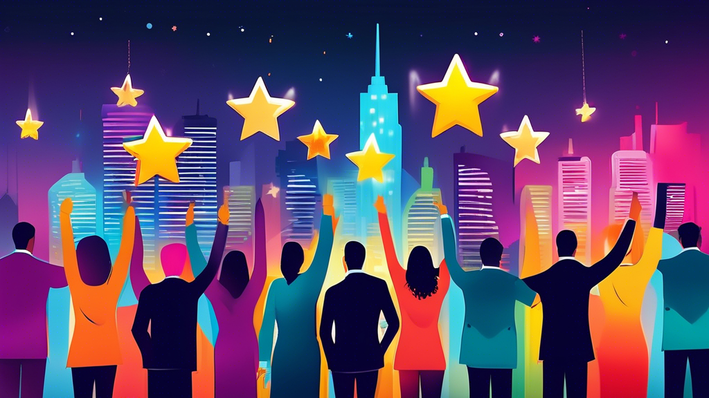 An image depicting a happy, diverse group of business owners showcasing glowing five-star review ratings above their heads, with a modern city skyline in the background.