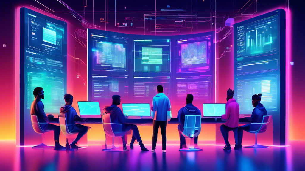 Digital art of a diverse team of web developers collaborating on a futuristic coding project surrounded by glowing screens displaying code, with floating tips and checklists in holographic form.