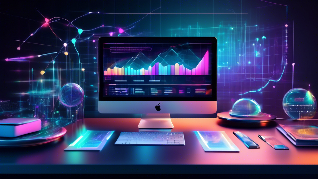 An array of futuristic, holographic analytics tools floating above a sleek, modern desk, with data flowing seamlessly between them, highlighting insights through glowing charts and graphs.