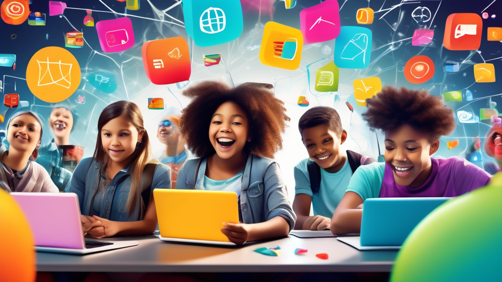 An engaging digital collage highlighting diverse students of all ages joyfully interacting with a variety of colorful web application icons floating around them in a futuristic, dynamic classroom setting.