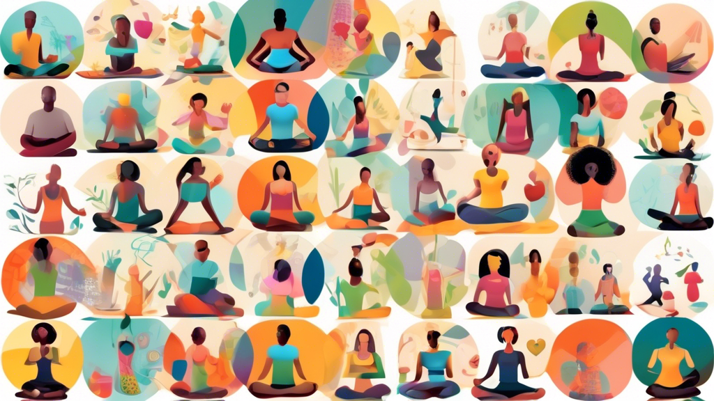 An inspirational digital collage of people from diverse backgrounds engaging in various wellness activities like yoga, meditation, and healthy eating, surrounded by a border of clickable web icons and URLs representing top health and wellness websites.