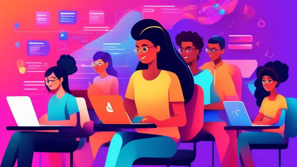 Create a vibrant and engaging digital classroom scene with diverse students sitting at laptops, learning coding and web development through an online course, displayed with colorful and interactive web pages on their screens.