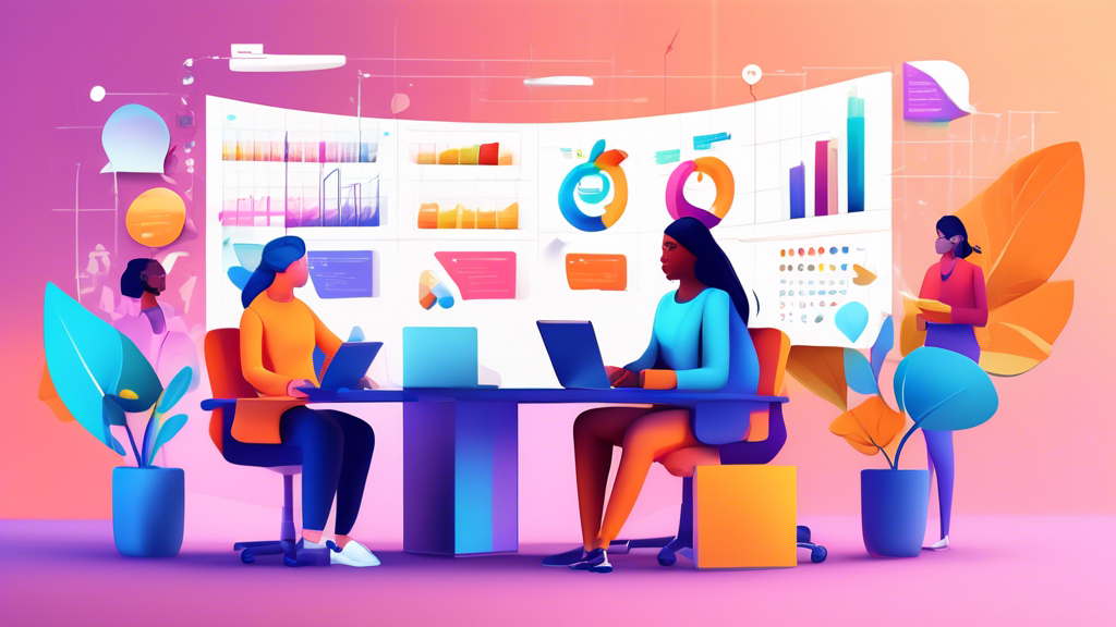 An illustrated digital workspace featuring diverse avatars using different project management tools for collaboration, with visual elements like charts, timelines, and checklists floating in a 3D environment.