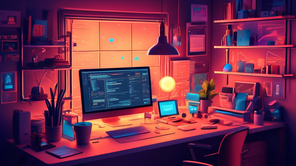 An intricately designed digital workspace showcasing an array of top remote work tools for web developers, featuring code editors, collaboration software, and productivity apps, illuminated by the soft glow of a computer screen in a cozy home office setting.