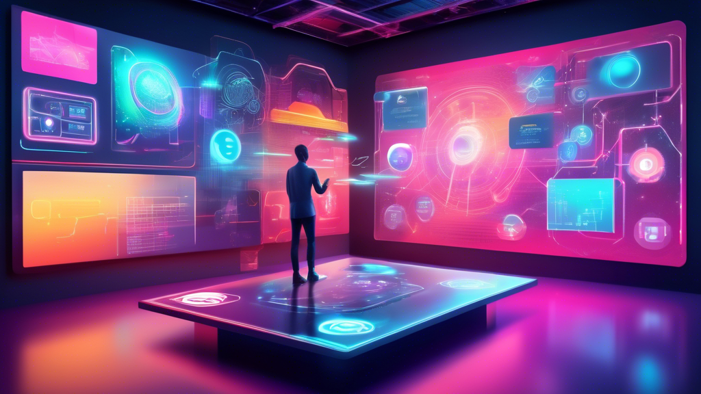 Digital illustration of futuristic user interfaces with augmented reality and voice activated technology, highlighting top user experience trends for 2023, set against a backdrop of a highly advanced, interactive digital workspace.