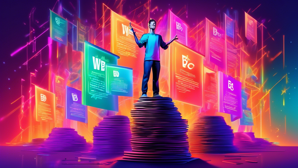 A digital illustration of a web developer standing triumphantly on a pile of colorful, oversized certificates, with computer code symbols glowing in the background, highlighting top web development certifications.