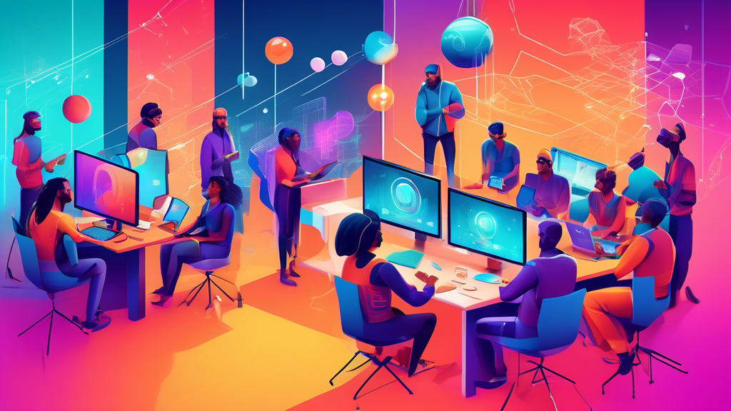 Digital illustration of a vibrant, diverse group of developers collaborating and sharing ideas in a futuristic, interconnected web development community hub