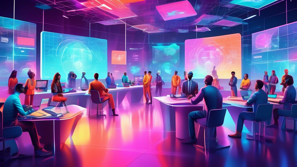 An artistic digital illustration of a diverse group of people networking and collaborating in a futuristic conference hall filled with holographic displays showcasing different aspects of web development.