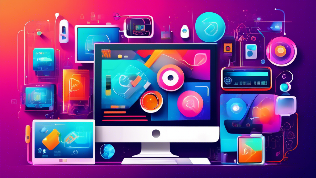 An ultra-modern, visually engaging digital illustration showcasing a diverse array of futuristic devices and screens, each vividly displaying different top web development tools icons and interfaces for 2023, set against a dynamic, tech-inspired background.