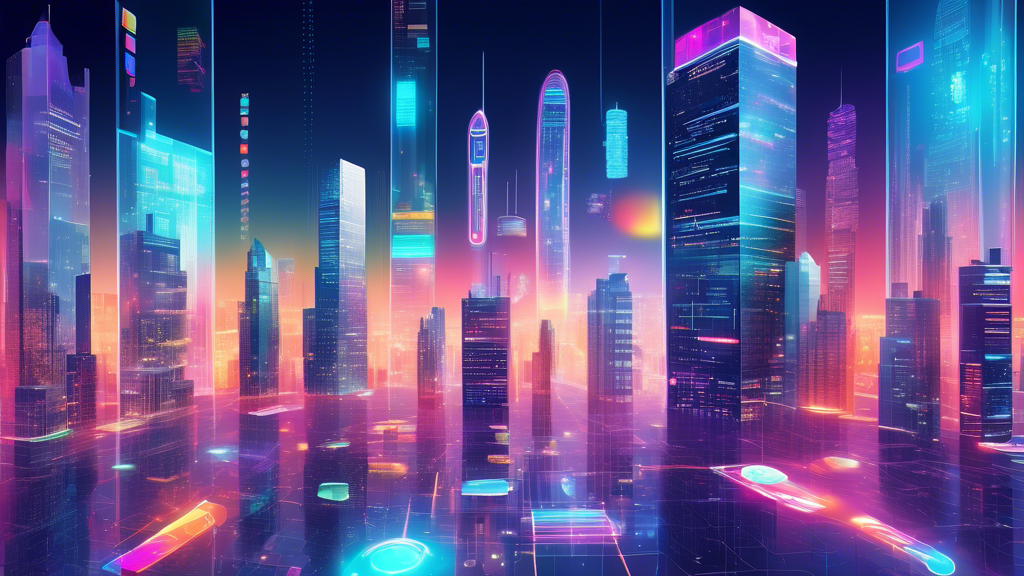 Digital illustration of a futuristic cityscape with holographic projections of coding languages and web development tools floating above skyscrapers, symbolizing the top web development trends of 2023.