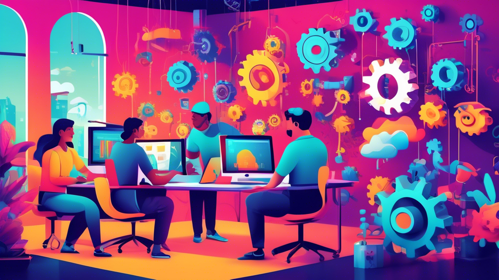 An illustration showing a team of developers integrating code into a shared repository and deploying an application to production, featuring automated testing and deployment tools, symbolized by gears and cloud symbols, in a vibrant and collaborative workspace environment.