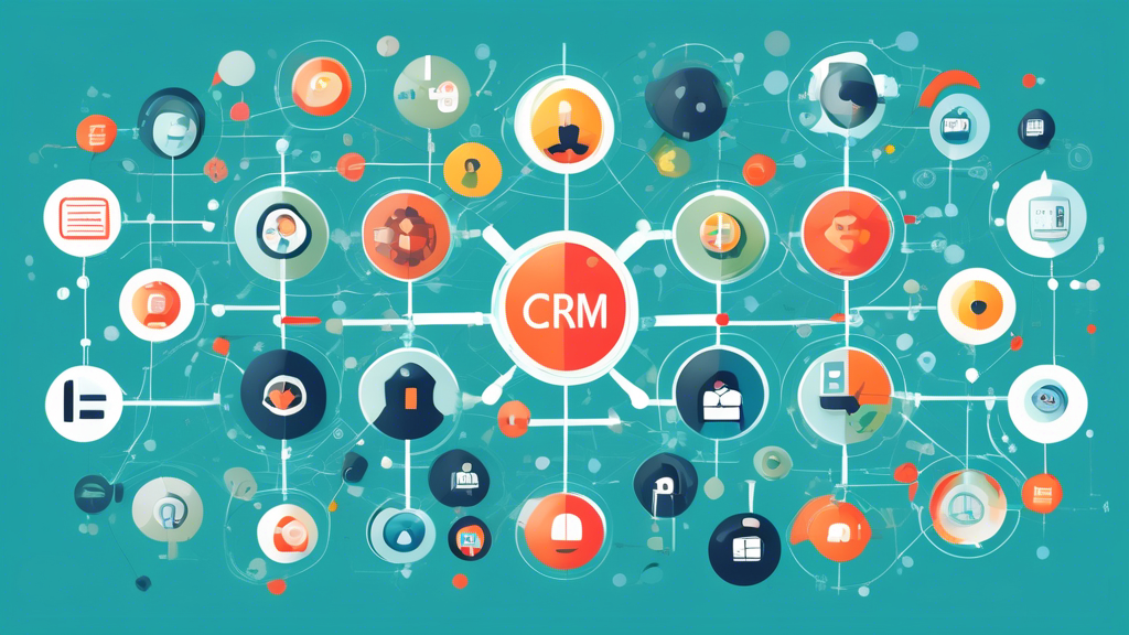 An illustrated diagram showing the interconnected components of a Customer Relationship Management (CRM) system, featuring icons for data analysis, customer interaction, marketing automation, and service integration, all encircling a central CRM database, in a clean and modern digital art style.