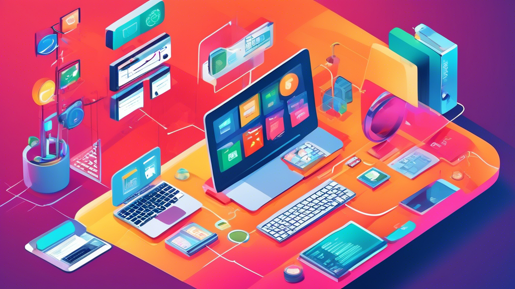 An illustrated guide to various software testing methodologies displayed on an open laptop with visual icons representing unit testing, integration testing, system testing, and acceptance testing surrounding the device, set in a modern tech office environment.