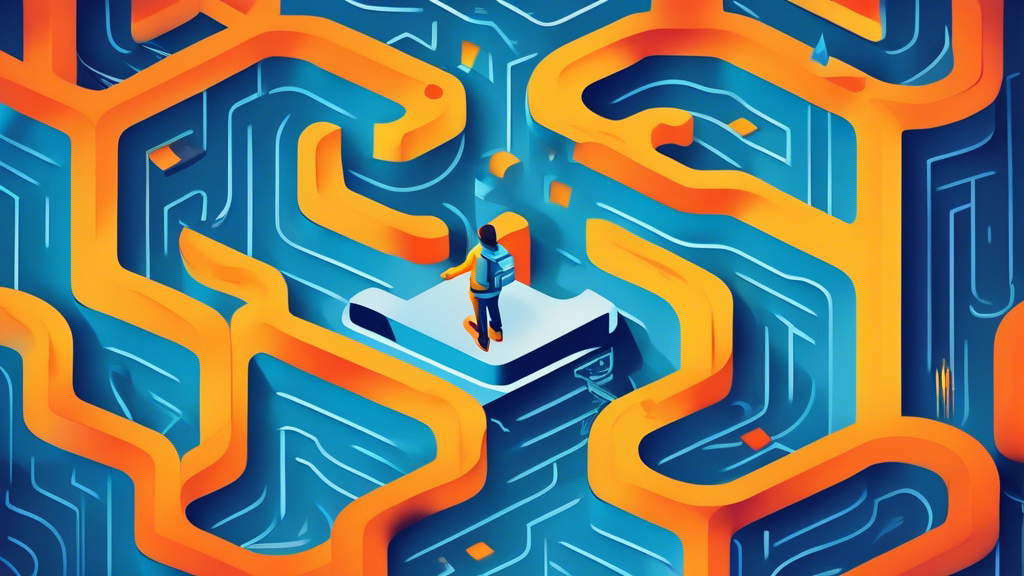 Digital illustration of a maze shaped like the Firebase logo with a person holding a comprehensive guide navigating through it, symbolizing understanding Firebase.