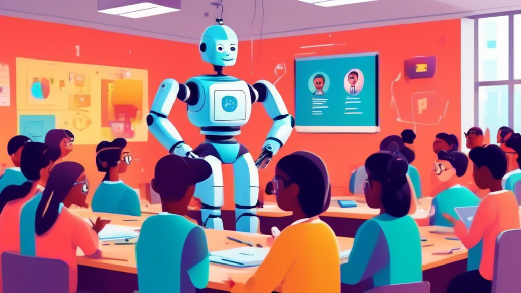 An animated classroom with a friendly robot teacher explaining GDPR principles to a diverse group of eager students, with digital locks and keys floating above their heads, symbolizing data protection and privacy.