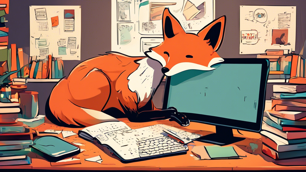 Create an image of a cartoon fox sitting at a computer, surrounded by books and papers, with speech bubbles containing code snippets and Git command lines, in a cozy study room.