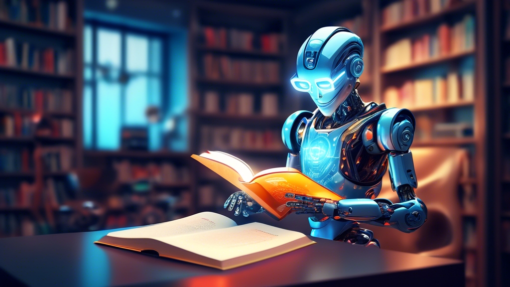 Digitally crafted image of a humanoid robot reading a glowing book titled 'Understanding Motion UI', surrounded by dynamic, flowing user interface elements and animated icons in a futuristic library setting.