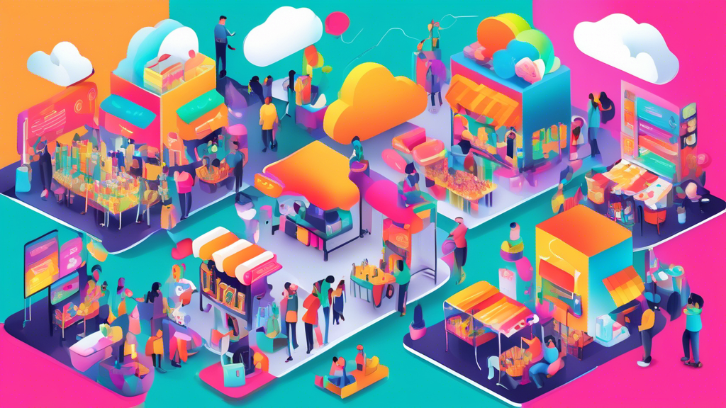 An illustration of a vibrant, bustling digital marketplace with cloud platforms as colorful stalls, showcasing various services and tools, symbolizing a beginner's guide to understanding Platform as a Service (PaaS).