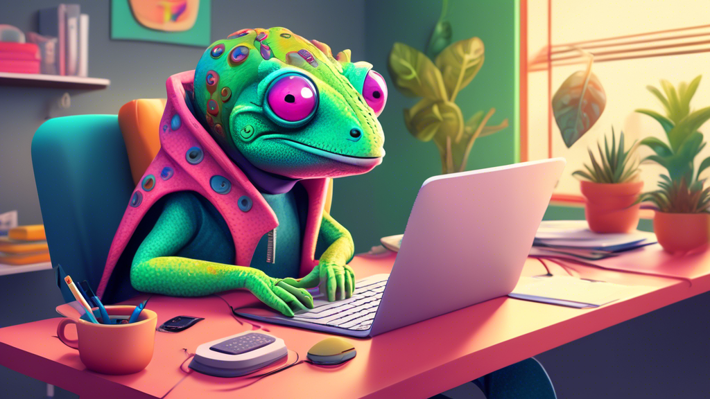 An illustrated cover for an advanced coding guidebook showing an anthropomorphic chameleon coding with Sass on a laptop in a cozy, modern developer workspace.