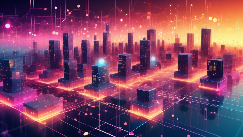 An illustrated digital landscape showcasing a futuristic city with buildings made of code blocks and data streams in the sky, representing serverless architecture concepts, with a transparent overlay of cloud symbols and abstract, interconnected nodes glowing beneath a binary code sunset.