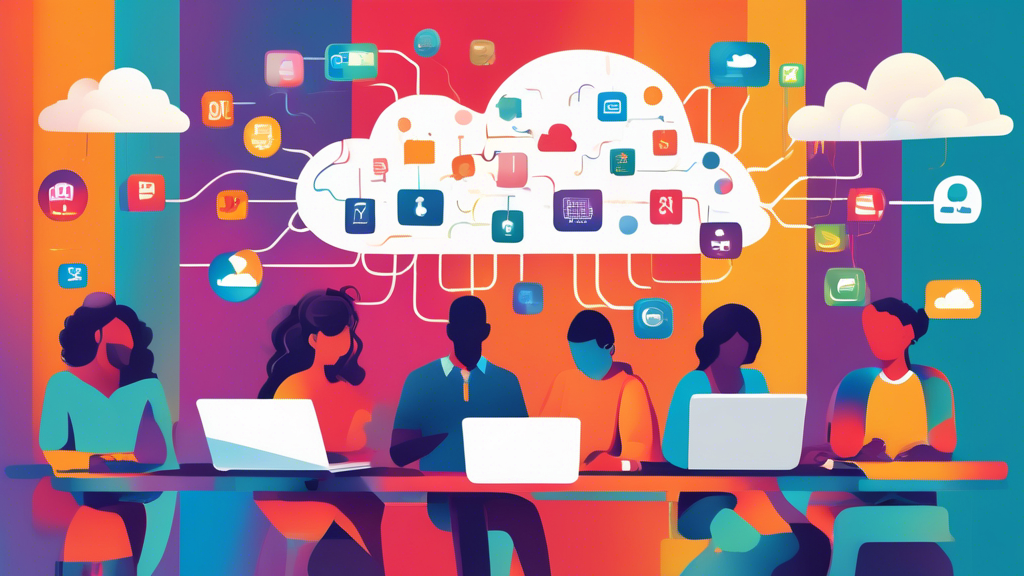 A colorful, digital illustration of a cloud composed of various icons representing different software applications, hovering above a diverse group of people using laptops and mobile devices, symbolizing the concept of Software as a Service (SaaS).