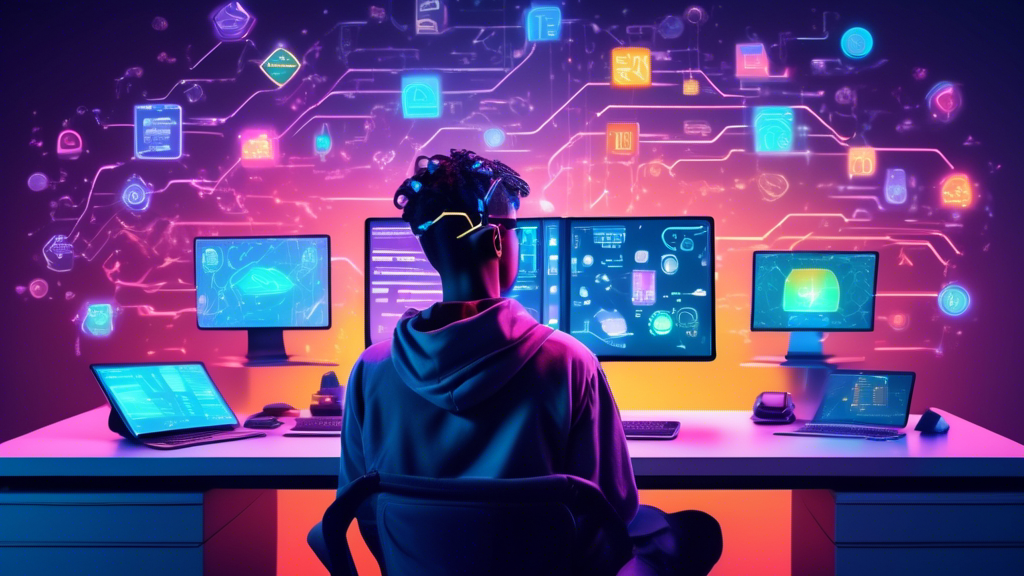 An image of a young programmer looking at a computer screen with holographic icons of different version control systems (such as Git, SVN, and Mercurial) floating around, visualizing a path of progression and learning in a brightly lit, futuristic workspace.