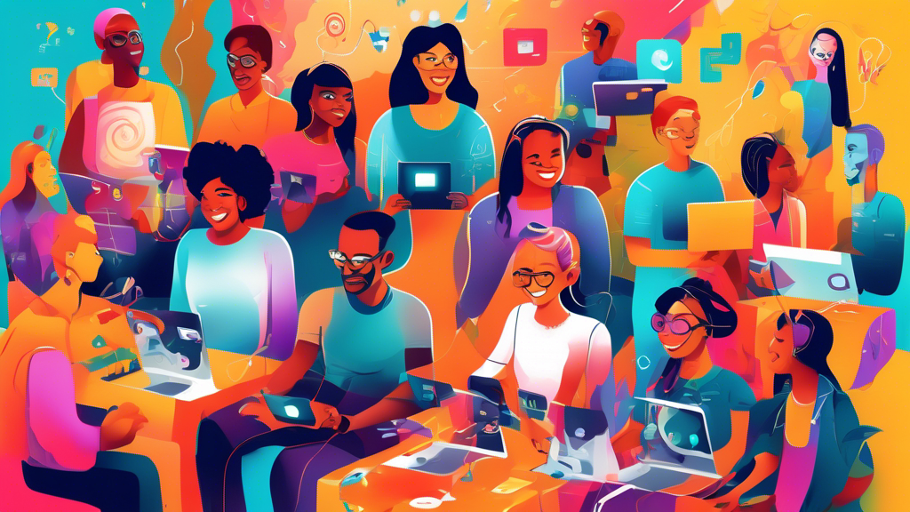 An illustrated digital artwork showing a diverse group of people with different abilities joyfully using various adaptive technologies to easily navigate and engage with the internet on a colorful and welcoming web interface.